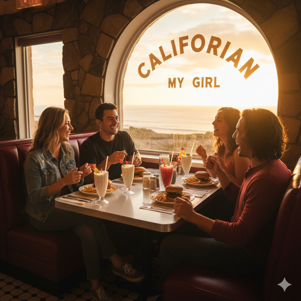 夕日のダイナーで食事する人々