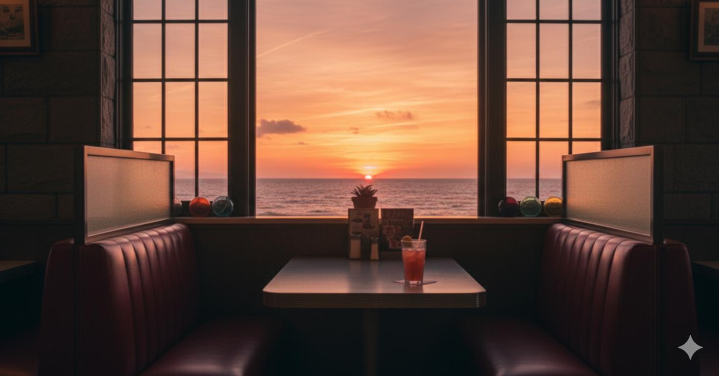 窓越しの夕日と海